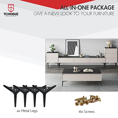 TCHOSUZ 7 Inch / 18cm Metal Furniture Legs, Set of 4 Heavy Duty Modern Diamond Triangle Table Desk Chair Sofa Legs Couch Feet with Screws for DIY Cabinet Cupboard TV Bench Stand 4 Pieces Black