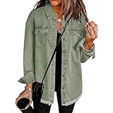 YGERGWE Green Denim Jacket Women, Oversized Lightweight Jean Jacket Casual Button-Down Shacket, Ladies Long Sleeve Jean Shirt Top for Spring Autumn