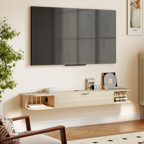 HOMCOM Mueble de TV Suspendido, Mueble de TV para Salón con Cajón Abatible, 2 Estantes Abiertos, Gestión de Cables, Estilo Moderno, para Televisión 60 Pulgadas, 140x24x16 cm, Madera Natural - imagen 9