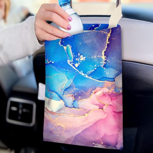 Image of Car Trash Bag Hanging No Snap Small Garbage Bag for Car Back Seat Cute Printed One-handed Strap Trash Bags Car Accessories-Pink Blue Purple Marble Car Trash Bags