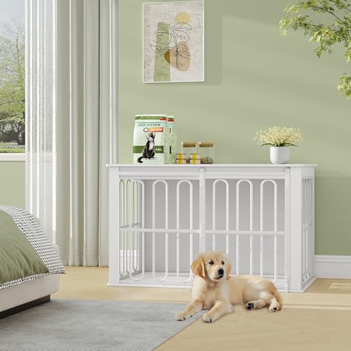 HEXCELEN Hundekäfig-Möbel aus Holz, 100 cm Hundebox für Zuhause, Hundekäfig mit 2 Türen, Schiebetüren, für Kleine, Mittlere Hunde, Robuster, Beistelltisch, 100 x 60 x 62,4 cm, Weiß