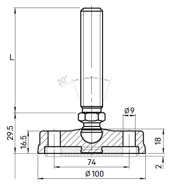 Pied articulé KM.SF10 M8 Ø 100 mm avec trous de fixation pour fixation au sol, réglable en hauteur, nivellable, pivotant, vis filetée M8 x 25 mm en acier galvanisé (1, M20 x 100 mm)