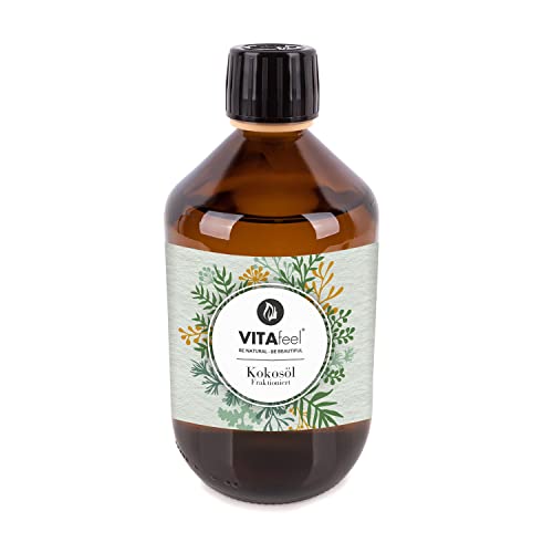 GreatVita Kokosöl Fraktioniert 500 ml | Transparent & Flüssig | Geruchsneutral, Feuchtigkeitsspendend für Haut & Haar | Natürliches Pflegeöl für Make-Up Entfernung, Massage & Haarmaske