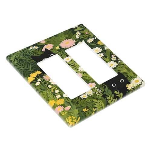 Decorative Outlet Covers Funny Cute Black Cat Colorful Flower Green Plant 2 Gang Wall Plate Double Rocker Two Switch Wall Cover Plate Light Switch Cover Plate Faceplate for Home Decor