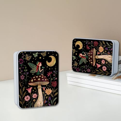 Image of Metal Tin Box with Lid,Multi-functional Storage Box Can Store Tea Biscuits Game Cards, Playing & Tarot Cards-Comes with 4 Magnetic Cord Clips,Mushroom Fairy