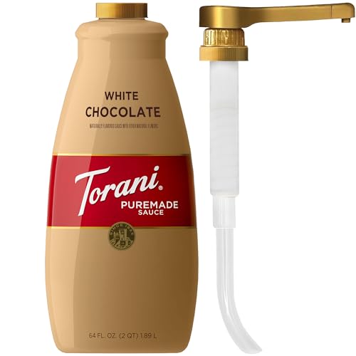 Torani Puremade White Chocolate Sauce for Coffeehouse Drinks and Desserts, Large 4lb Bottle, Pump Included, 64 Fl Oz