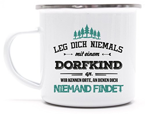 Geschenkidee Geburtstag bedruckte Metalltasse Emaille Camping Tasse mit Spruch Motiv mit Motiv Tasse Dorfkind - wir kennen Orte, Größe: onesize,weiß/silber Cover