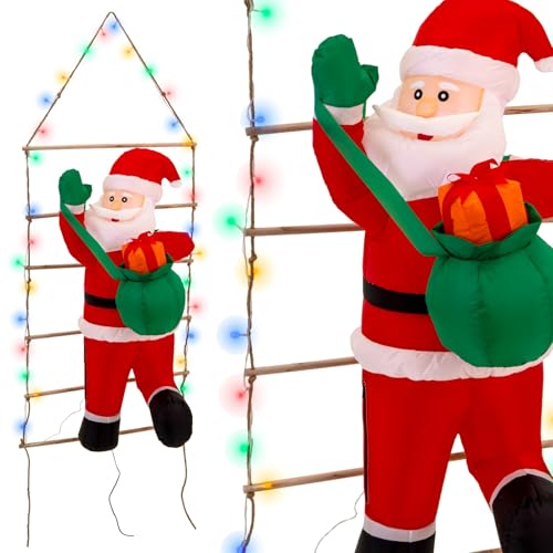JUMI Père Noël Gonflable sur Échelle Géante 150 cm, Lumineux avec LED, Décoration de Noël Extérieure Auto-Gonflante pour Jardin, Maison, Façade, IP44