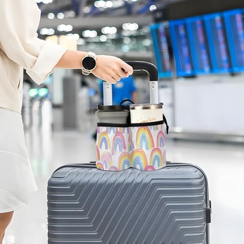 Image of Luggage Cup Holder for Suitcases Free Hands Suitcase Cup Holder Travel Luggage Drink Holder Portable Luggage Cup Caddy Bag Carrier with Handle Gradient Cute Rainbows