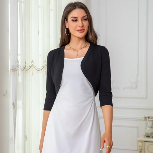 Image of CHUANGDA Womens 3 /4 Sleeve Shawl Collar Cardigan Lightweight Style Front-Opening Cropped Length Suitable for Women S-2XL