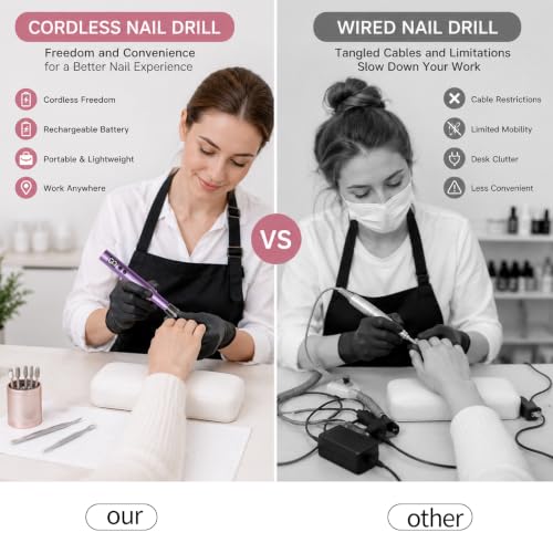 Professional Cordless Nail Drill Kit for Gel & Acrylic Nails, Electric Nail File with 5 Metal Bits, 30 Sanding Bands & Dust Cover - Manicure Pedicure, Callus Removal, Salon & Home Use (Purple)