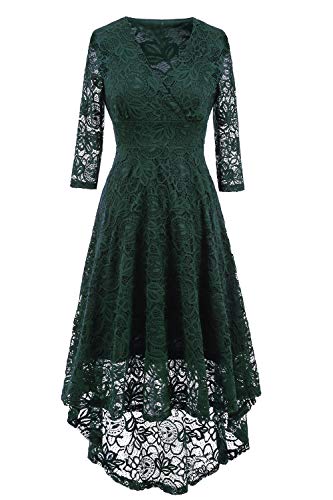 NALATI Women Vintage Beautiful 50's Retro Floral lace Fabric Swing Dress with 3/4 Long Sleeve Deep V Neck High Waist High-Low Hip Lace Party Cocktail Midi Dress (UK Size 10-12(M), Dark Green)