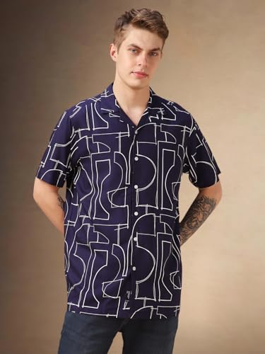 Image of Dennis Lingo Men Blue Printed Viscose Relaxed Fit Half Sleeve Shirts
