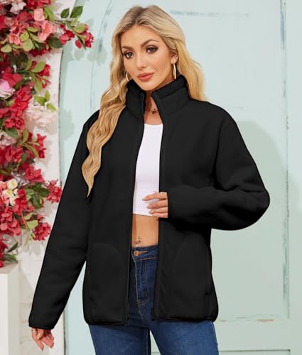 Women's Fleece Sherpa Jacket Full Zip Winter Warm Long Sleeve Reversible Coat Lightweight Soft With Pockets3