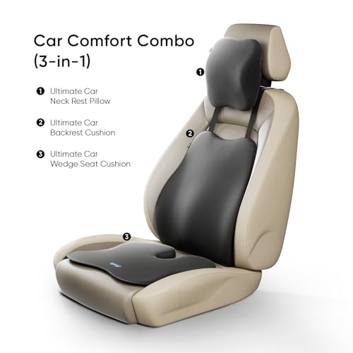 Image of Frido Ultimate Car Comfort Combo | Neck Rest, Backrest & Wedge Seat Cushion Combo of 3 | Ergonomic Neck, Back & Seating Support | Driving & Daily Commutes | Posture Correction | Universal Fit | Black