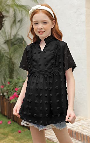 Girls Cute Dot Chiffon Blouses Short Sleeve V Neck Loose Shirts Soft Casual Summer Tops 4-5T S-Black #TOP1