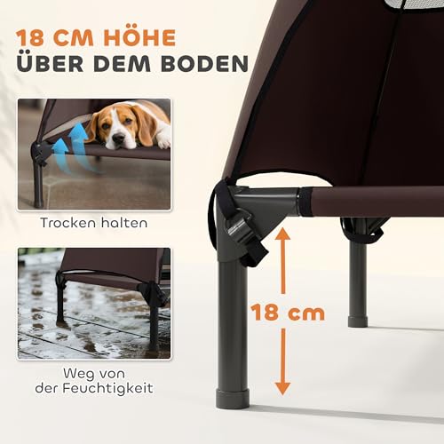 PawHut Hundeliege Outdoor mit Dach, Erhöhtes Hundebett für Große Hunde, Kühlendes Haustierliege mit Waschbares Mesh Stahlrahmen Tragtasche, Haustierbett für Draußen Camping 91x76x90cm, Kaffee
