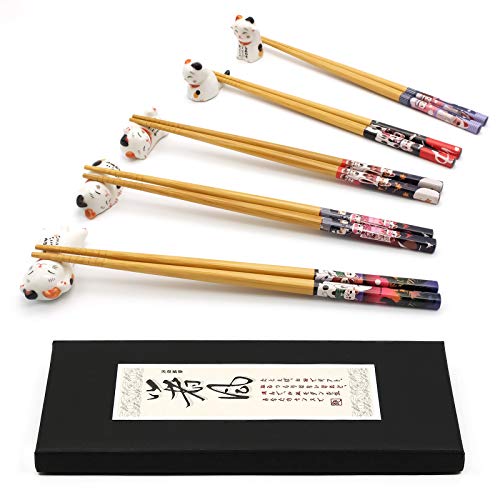 5 Pairs Cute Lucky Cat Chopsticks and Chopstick Rest Set, Classic Japanese Style Bamboo Natural Reusable Chopsticks Holder Gift Set, Dishwasher - Safe