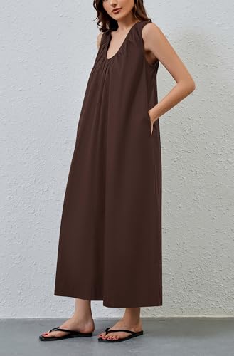 Women's Ruched Scoop Neck Sleeveless Maxi Dress Wide Pleated Strap Midi Dress Solid Loose Long Dresses with Pockets3