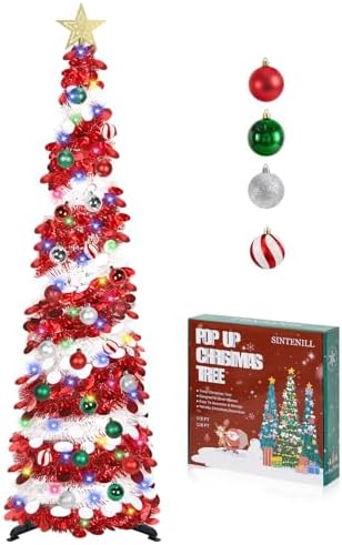 5 FT Pop Up Christmas Tree with Timer Lights and Decorations, Red...