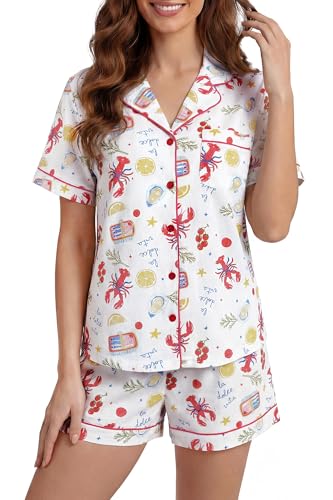 Image of LUBOT 100% Cotton Pajamas for Women 2 Piece PJ Set Button-Down Soft Knit Short Sleeve Summer Sleepwear Loungewear XS-XXL