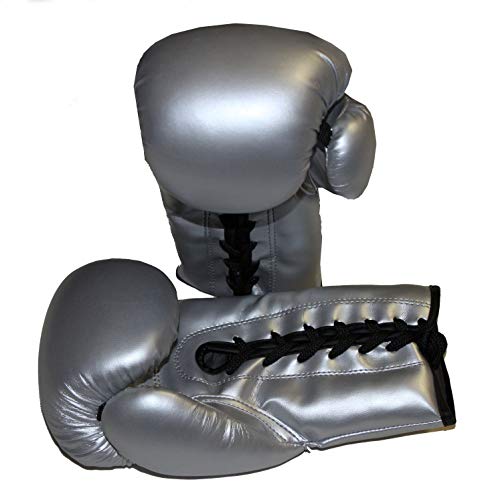 LISARO Guantes de boxeo con cordones para entrenamiento y sparring en boxeo, kickboxing, Muay Thai, de piel sintética, color plata, 10 oz con cuerda