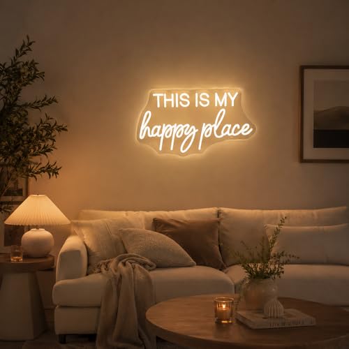 Image of This is My Happy Place Neon Sign Warm White LED Letter Neon Light for Wall Decor Bedroom Home Bar College Dorm Game Room Decor