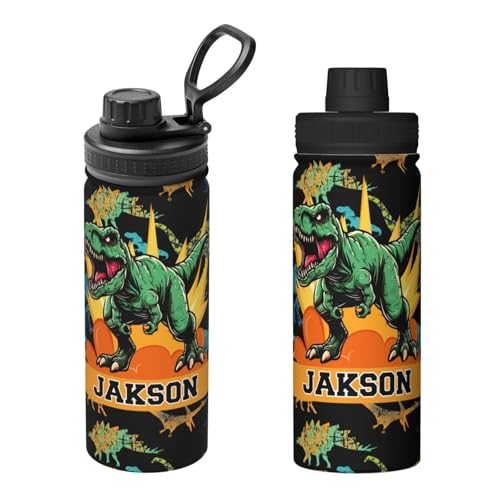 Custom Dinosaur T-Rex Kids Backpacks 2pcs Set for Boys Girls Student Personalized Name Text School Bag and 18 Oz Water Bottle Customized Sports Water Bottle School Bookbags for Back to School Travel4