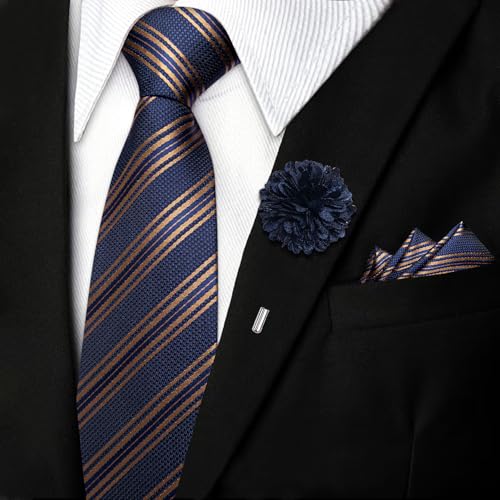 Image of DiBanGu Mens Zipper Tie Silk Pre-Tied Necktie with Gift Box | Jacquard Woven,Paisley Solid Plaid Pattern,6PCS with Pocket Square,Cufflinks and Lapel Pin,for Wedding Party Formal Business