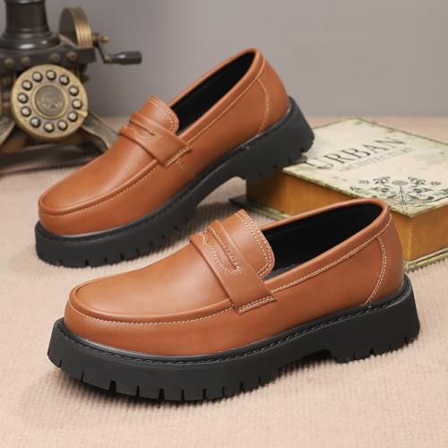 Image of Men's Leather Platform Chunky Slip-On Penny Loafers Classic Round Toe Lug Sole Business Casual Formal Work Shoes