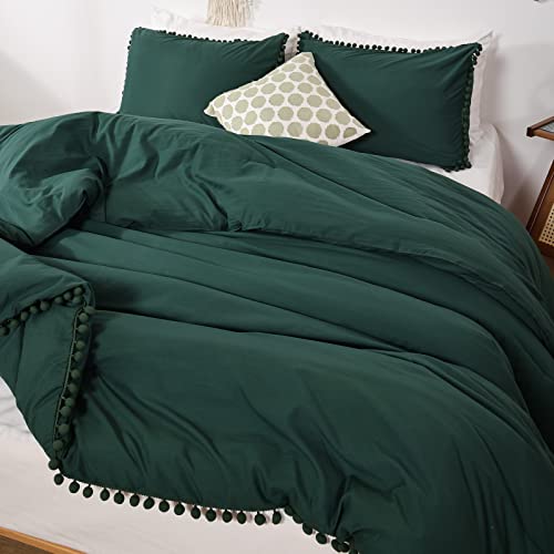 Smoofy Pom Fringe Comforter Set Queen Size Emerald Green Boho Chic Cute Ball Pom Bedding Set Cali Soft Warm Vintage Lightweight Solid Comforter 3 Pieces (1 Pom Comforter, 2 Pillowcases) #TOP11
