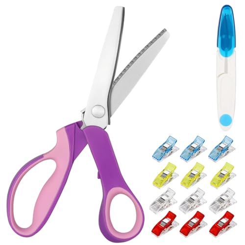 Tijeras Dentadas para Tela, Tijeras Zig Zag Profesionales de Acero Inoxidable, Tijera Costura Zigzag con 1 Cortahílos y 12 Pinzas de Tela para Cortar Telas Costura Sastre