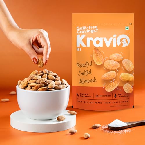 Image of Kravio Premium Roasted Salted Almonds (2 X 200g) | Zero Cholesterol Natural Whole California Badam Nuts & Dry Fruits | Rich in Protein, Roasted Crunchy Delicious Healthy Snacks