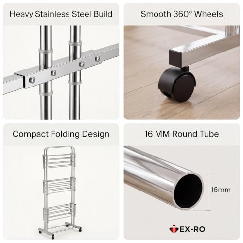 Image of TEX-RO 3 Layer Stainless Steel Clothes Drying Stand with Wheels - Heavy Duty Rust-Proof Foldable Cloth Dryer Stand for Balcony & Bedroom, Cloth Stand for Drying Clothes, Clothes Drying Rack