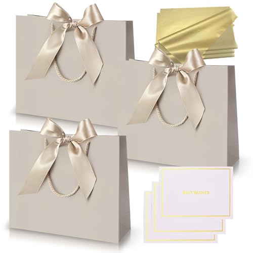 3 piezas Bolsas Regalo Champán Dorado,Bolsa de Papel Cumpleaños Medianas con Asa,3 Lazo 3 Tarjeta Felicitación y 6 Pañuelos,Embalaje de Regalo para Cumpleaños,Fiestas,Bodas,Baby Showers,Celebración