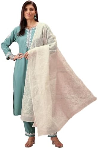 Ada Hand Embroidered Indian Chikankari Ethnic Wear White Kota Doria Dupatta for Women A511222