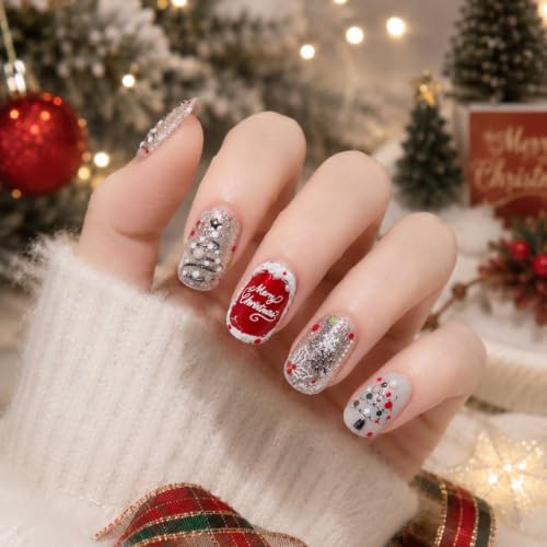 Image of Christmas Nail Stickers Holly Snowflake Nail Decals Silver Nail Art Decals | Festive Red & Green Xmas Tree Nail Stickers, 5D Embossed Self-Adhesive Decals for Women Holiday Season Manicure Charms Supply