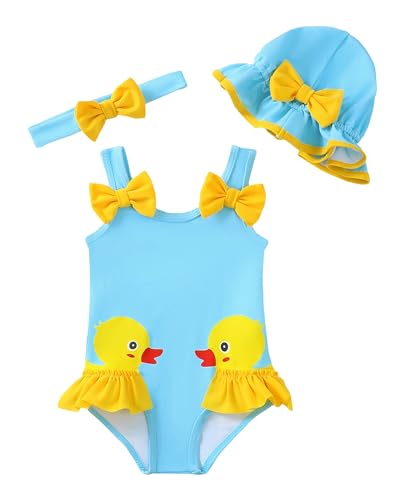 SODLON Baby Girl Swimsuit 3-6 Months Infant One-Piece Bathing Suit Cute Ruffle Newborn Cartoon Swimwear with Hat & Headband Summer Tankini Bikini Baby Beach Essentials Blue Duck