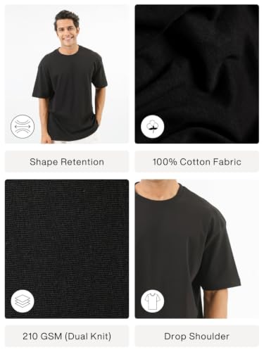 Image of SAADAA Men's Oversized Cotton T-Shirt | 210 GSM Heavyweight Fabric | Drop Shoulder | Dual Knit | Comfortable Casual Wear | Solid Colors