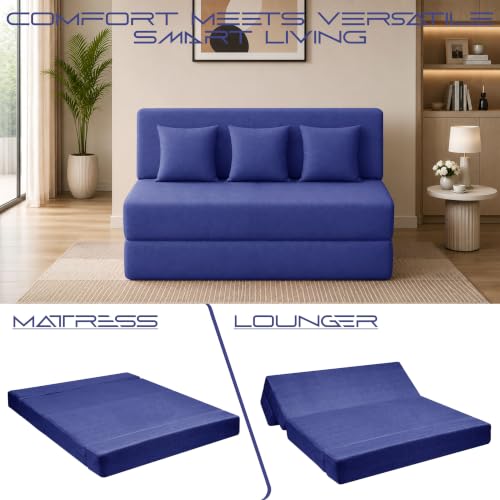 Image of Los Angeles Foldable Three Seater Sofa Cum Bed, Sofa Bed 5 X 6 Feet Jute Fabric Washable Cover- Including Three Cushion Perfect for Living Room - Blue Color