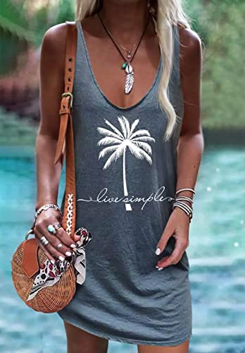 Image of Live Simple Coconut Tree Sleeveless Mini Dress Summer Beach Mini Dress Women's Summer Casual Sexy V Neck Mini Tank Dress