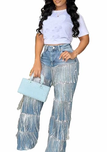 Women's High Waisted Sequin Fringe Jeans Baggy Straight Leg Sparkly Tassels Denim Pants Y2K Streetwear3