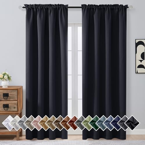 Image of Black Blackout Curtains for Bedroom 90 Inch Length 2 Panels, Room Darkening Soft Fabric Curtain Panels for Living Room, Modern Window Treatments Dual Rod Pocket Design, Black, 2x50Wx90L Inches