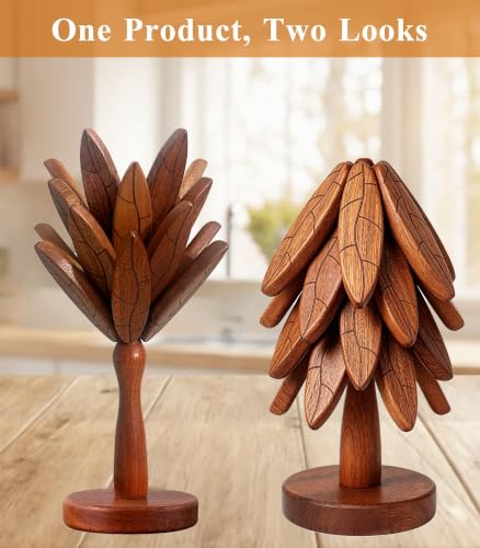 Wood Tree Coaster Set with Stand | Leaf Anti‑Slip Pattern Trivets for Hot Dishes Pots Teapots Bowl | Heat Resistant Kitchen Trivet Set | Natural Wood Home Decor (Texture- 4 Pcs) - image 2