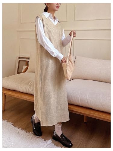 OYOANGLE Women's Split Hem Rib Knit Midi Sweater Dress V Neck Sleeveless Loose Fit Sweater Vest4