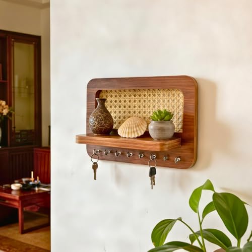 Image of InoSlashed Engineered Wood Key Holder for Home | Wall Stylish Key Stand | Key Chain Holders for Wall | Key Hanger | Rattan Webbing Key Holder | 8 Hooks (Rattan)