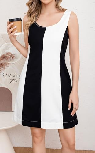 Image of CHARTOU Women Summer Sleeveless Linen Dress Color Block Short Beach Vacation Tank Dress