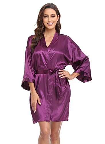 Image of Super Shopping-zone Women's Satin Bridesmaid Robes for Bridal Party Robes Embroidered Wedding Party Robes Personalized Bridesmaid Gifts,Purple