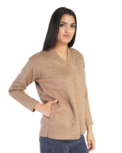 Image of MANRA Women's Woolen V-Neck Buttoned Full Sleeve Cardigan Self Design Soft Wool Fabric Winter Wear Pure Wool Sweater Fully Warm with Front Pockets Stylish Cardigan