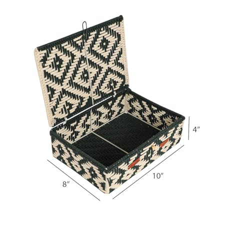Image of Kaahira Handmade Decorative Storage Box and Organiser | Macrame Gift Hamper Box for Cosmetics, Toiletries & Return Gifts | Aesthetic Rope Woven Organizer (Green and White, Medium - 10x8x4 inches)